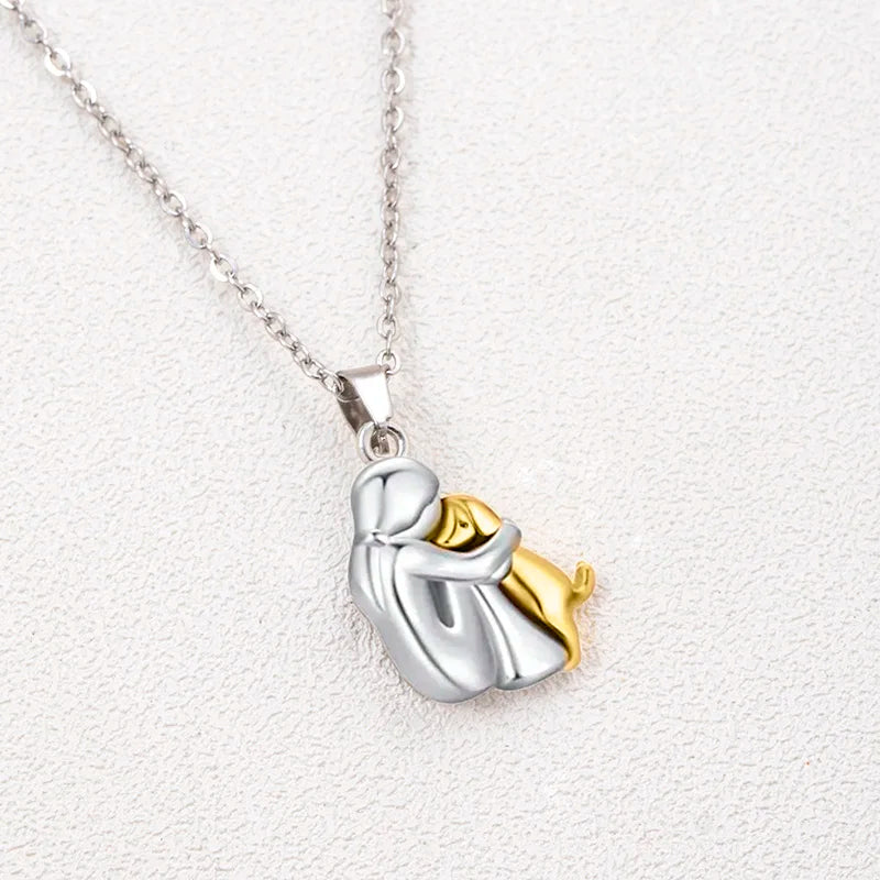 Two-Tone Girl Hugging Dog Necklace - Cute Fashion Pendant for Women and Pet Lovers - Jewelry Accessories