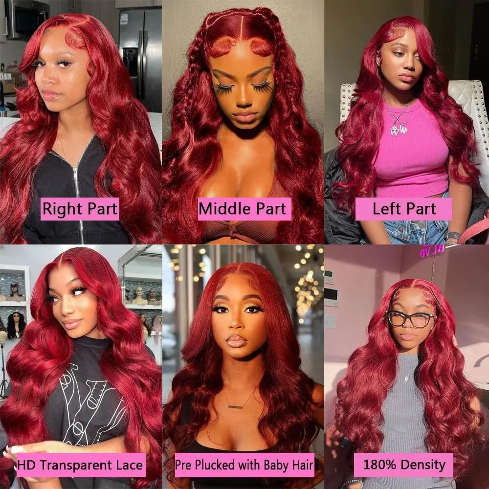 99J Burgundy Lace Frontal Wig – 13x6 Body Wave HD Transparent Lace Front Human Hair, Pre-Plucked 99J Red Color