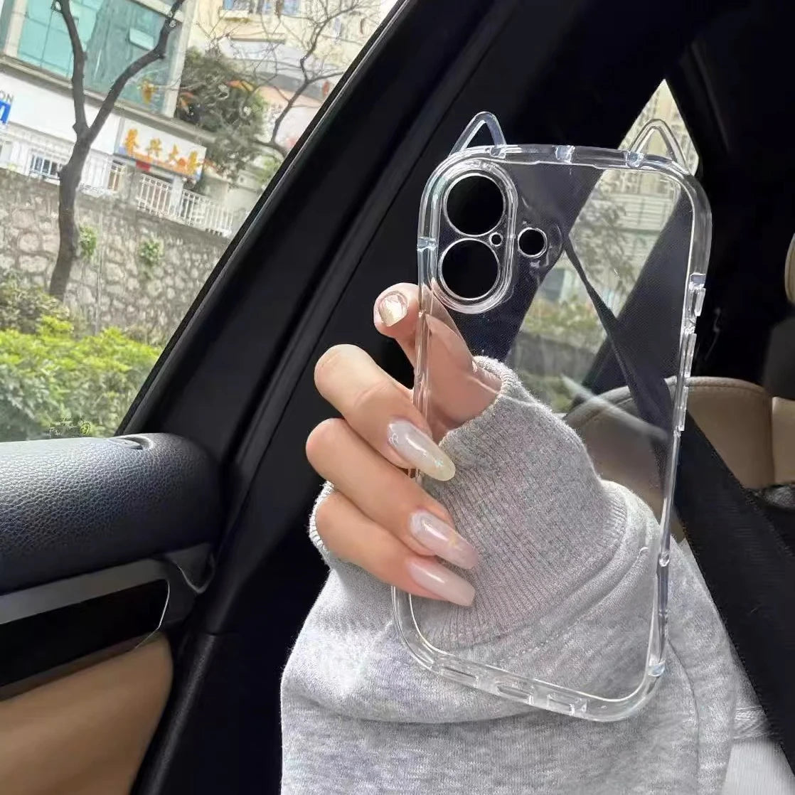 3D Hollow Cat Ears Clear Phone Case – Shockproof Airbag Cover for iPhone 11–17 Pro Max, XS/XR/X – Cute Protective Case