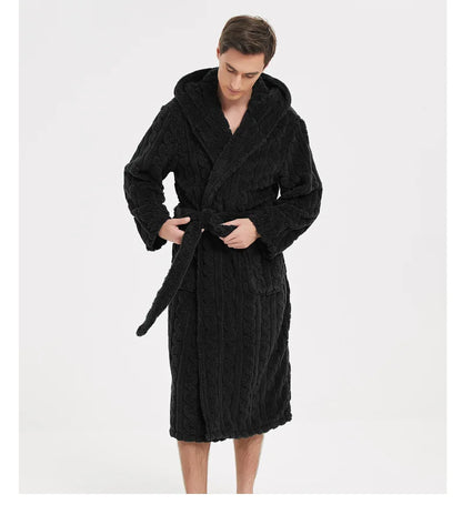 Men’s Fall & Winter Warm Hooded Robe – Thickened Cotton Velvet Jacquard Homewear for Couples