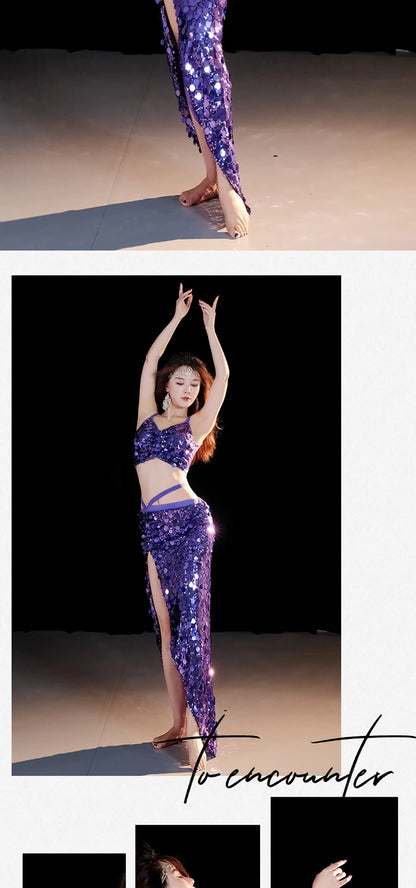 2-Piece Belly Dance Costume Set for Women – Sexy Sequin Top & Skirt Outfit for Stage Performance & Training