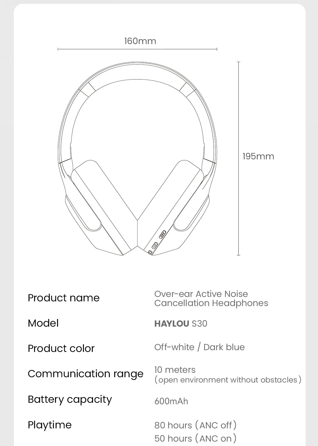 HAYLOU S30 Wireless Bluetooth 5.4 Headphones - 43dB Adaptive Noise Cancelling, 40mm Driver, 80H Playtime Earphones