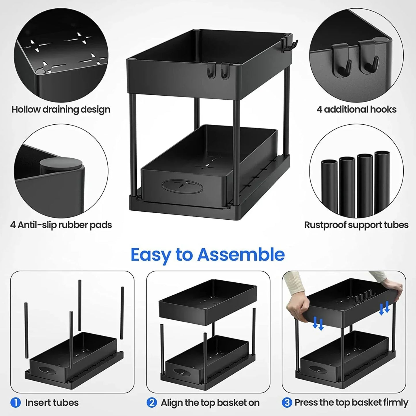 2-Tier Under Sink Sliding Organizer — Cabinet Basket Storage Rack with Hooks for Bathroom & Kitchen Cups