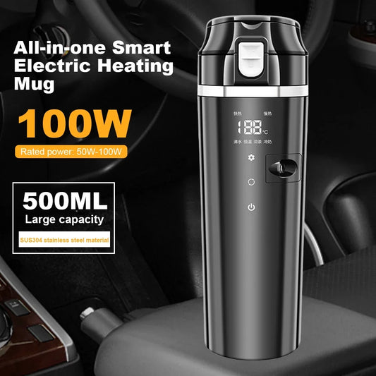 12V/24V Car Heating Cup - 500ml Stainless Steel Electric Kettle with LCD Display, Smart Heated Mug for Coffee, Tea & Milk