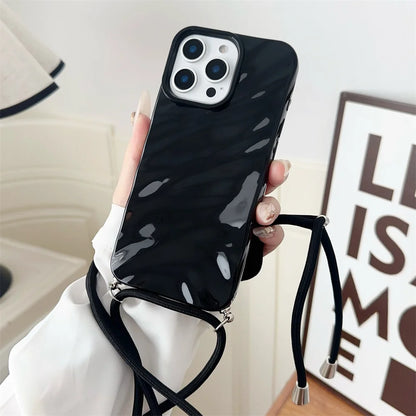 Glossy Wave Ripple Crossbody Lanyard Phone Case for iPhone 17/16/15 Pro Max Air 14 13 12 11 XR X 8 7 - Soft Silicone Protective Cover with Strap