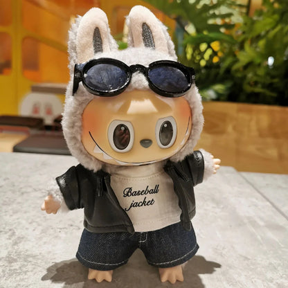 Leather Jacket & Skirt Set — Motorcycle Style Outfit for 17cm Labubu Dolls