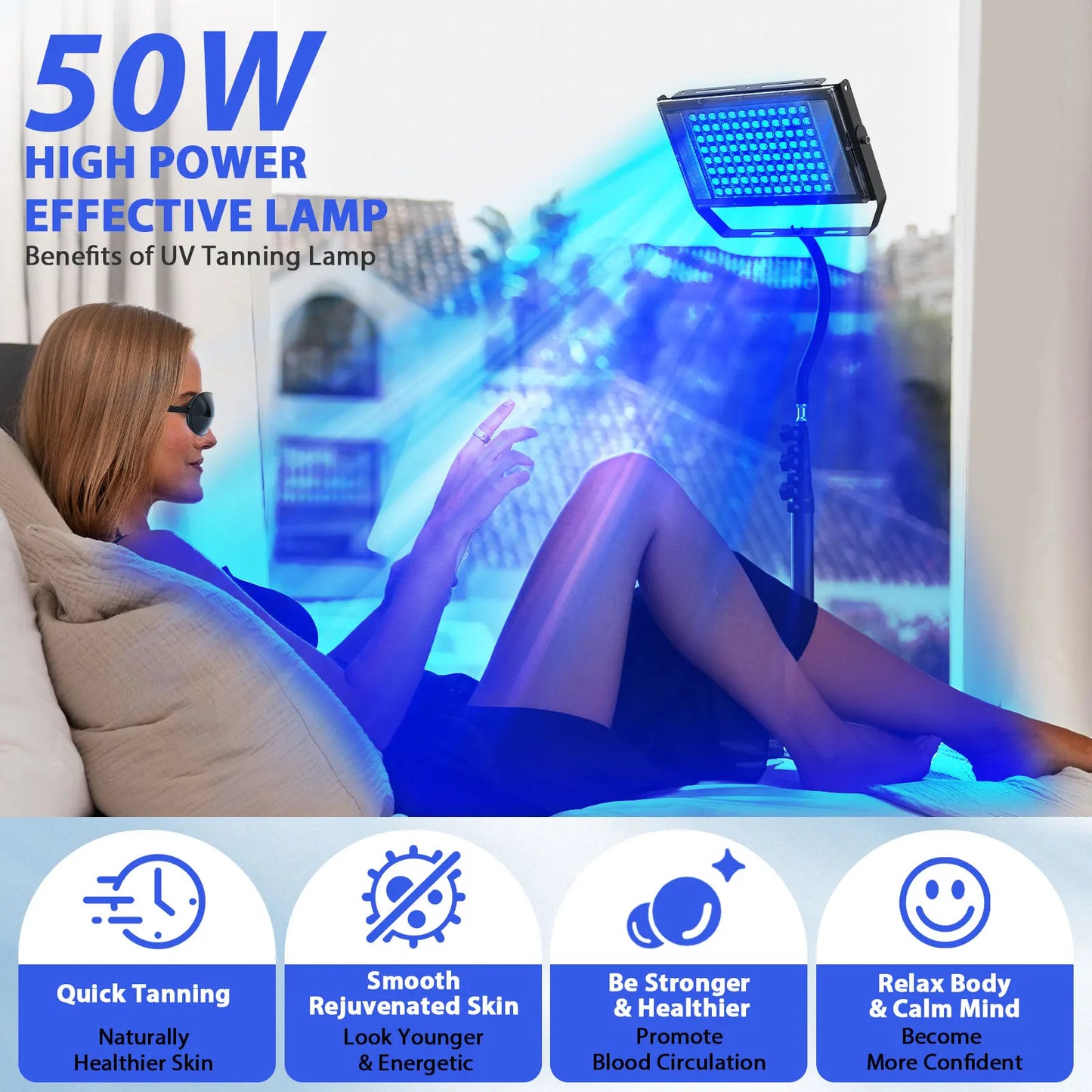 50W UV Tanning Lamp — Tripod Solarium with 48 Blue LEDs (460nm & 480nm) for Body Tanning & Skincare