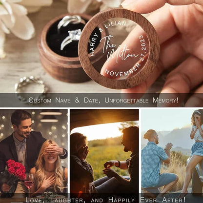 Custom Logo Wooden Ring Box – Engraved Walnut Wood Wedding & Engagement Box with Name & Date
