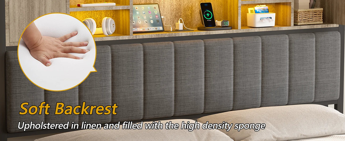 Full Size Upholstered Bed Frame with Storage Drawers, Bookcase Headboard, LED Lights & USB Charging Station
