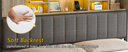 Full Size Upholstered Bed Frame with Storage Drawers, Bookcase Headboard, LED Lights & USB Charging Station