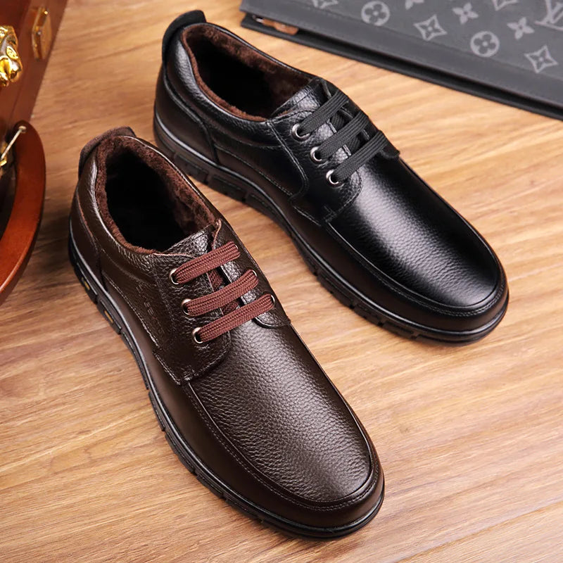 Men's Genuine Leather Casual Shoes - Soft Sole Lace-Up Loafers, Luxury Brand for Middle-Aged & Older Adults, Lightweight Dad Shoes