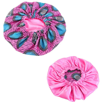 Women’s Double-Layer Satin Bonnet - African Ankara Floral Print Adjustable Reusable Sleep Cap for Hair Care