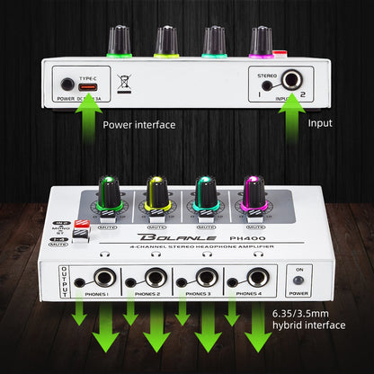 Bolanle PH400 Headphone Amplifier - 4-Channel Stereo Distribution System 600Ω High-Impedance RGB Studio Audio Amplifier