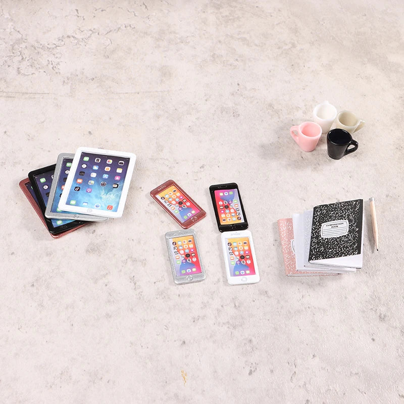 6–7PCS 1:12 Dollhouse Miniature Study Desk Set — Laptop, Phone, Tablet, Lamp & Books Scene Decor