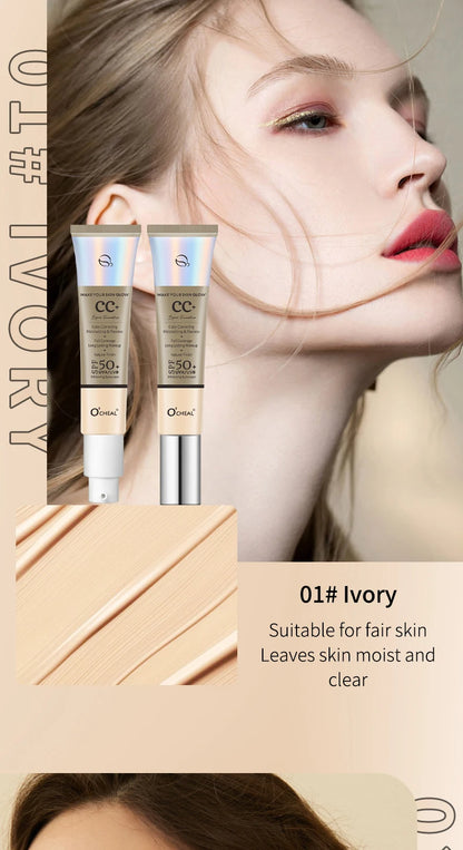 Ocheal 30g CC Cream Foundation – Waterproof Concealer, SPF 50+ Moisturizing Sunscreen, Long-Lasting Brightening Makeup Primer