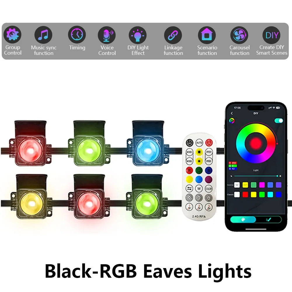 Black RGB Eaves LED Light Strip – Outdoor Bluetooth APP-Controlled Lights with Scene Modes for House, Party & Wedding