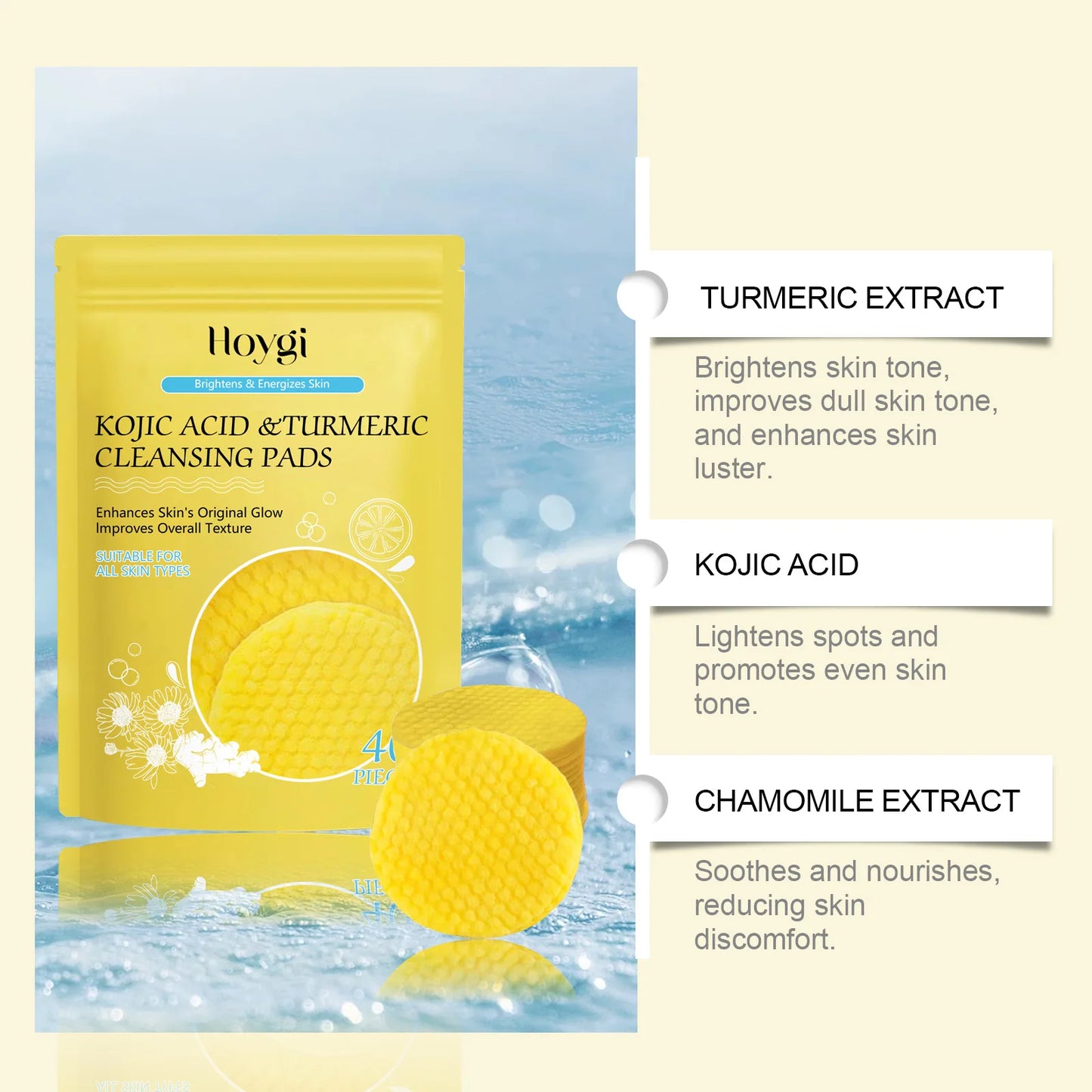 Turmeric & Kojic Acid Facial Cleansing Pads — Lemon Deep Cleanse, Brightening & Whitening Cotton Pads for Face Skincare