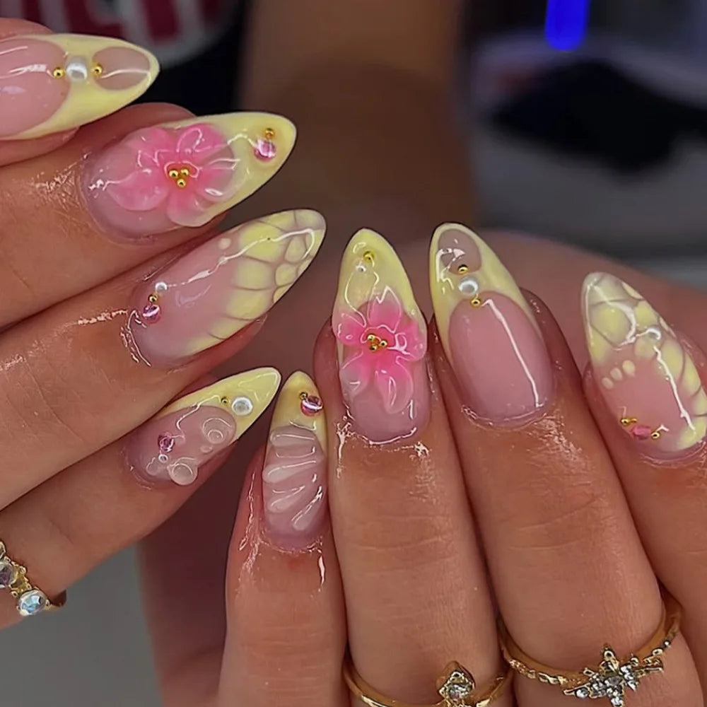 24PCS Strawberry Bow Press On Nails - Red Short Almond Pearl Starlight Floral False Nail Art Tips