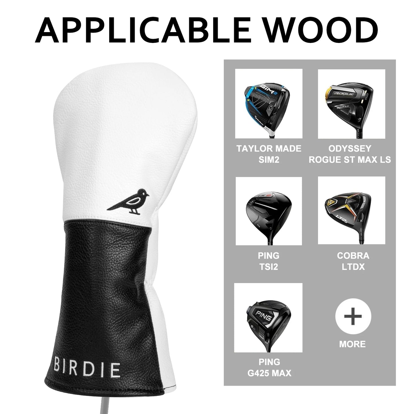 White Premium Leather Birdie Golf Head Cover – Elegant Embroidery for Driver, Fairway Wood & Hybrid Clubs