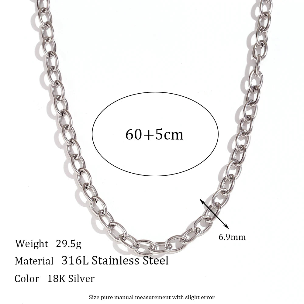 18K Gold Plated Stainless Steel Oval Link Chain Jewelry Set – 7mm Chunky Silver Color Choker Necklace, Bracelet & Anklet Accessories