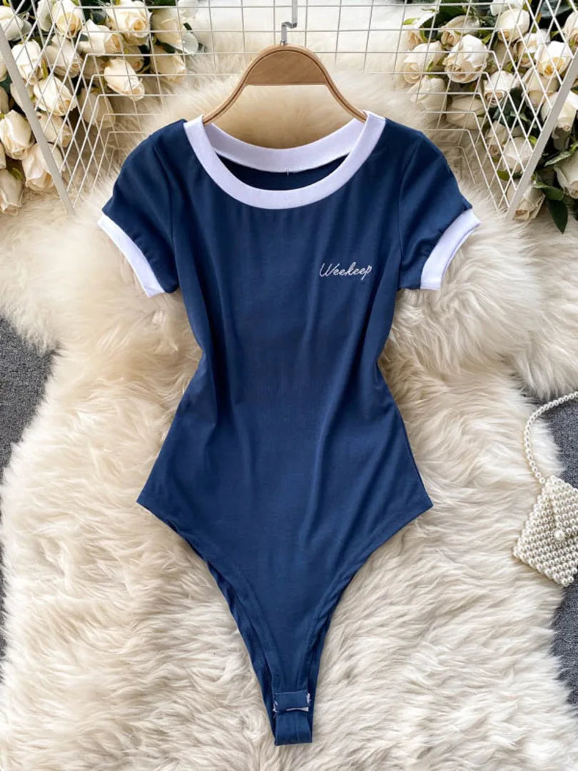 Foamlina Women’s Short Sleeve Knitted Bodysuit – Summer Slim Fit Color Block Embroidered O-Neck Top Jumpsuit