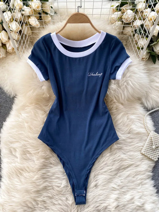 Foamlina Women’s Short Sleeve Knitted Bodysuit – Summer Slim Fit Color Block Embroidered O-Neck Top Jumpsuit