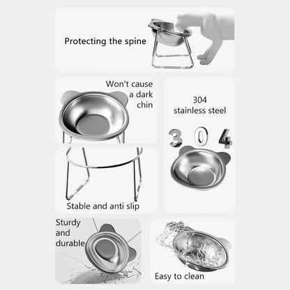 304 Stainless Steel Raised Cat Bowl - 15° Elevated Tilted Design for Cats and Puppies