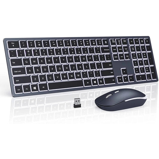 Backlit Wireless Keyboard and Mouse Combo – 2.4G USB Rechargeable Silent Full-Size Slim Set