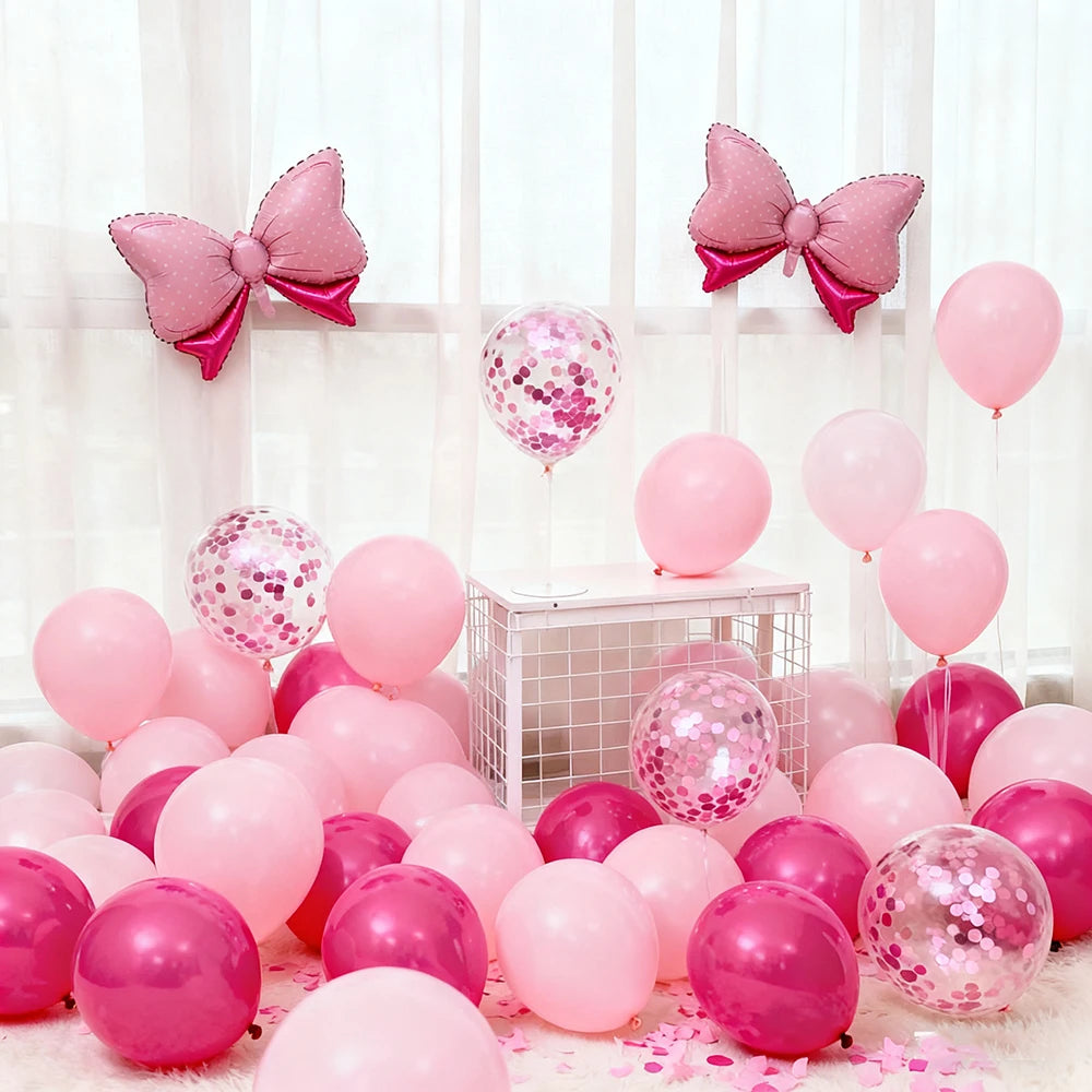 31-Piece Pink Bow Balloon Set - Hot Pink Rose Dot Foil and Confetti Balloons with Ribbon for Girls’ Birthdays and Baby Showers