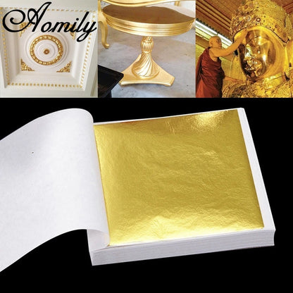 Aomily 100 Sheets 9x9cm Pure Gold Leaf Sheets – Shiny Gilding Foil for Furniture, Wall Decor & Handicraft Decoration Crafts