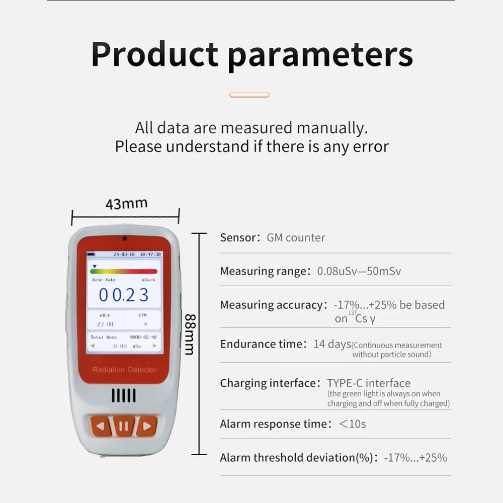 HFS-20PRO Handheld Radiation Detector - β, γ & X-Ray Geiger Counter with Alerts, Data Storage & Rechargeable Battery