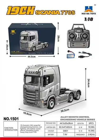 Huina 770S Remote Control Engineering Car — Genuine Alloy Trailer Head Model, 4WD Toy for Kids, Ratio 501D