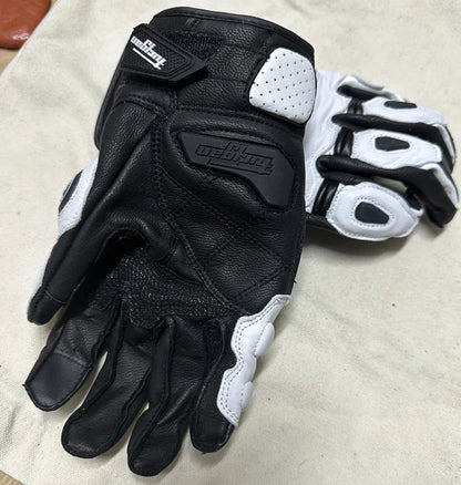 Motorcycle Gloves – Black Racing Genuine Leather, White Road Riding Team Gloves for Men, Summer & Winter with Touch Screen Compatibility