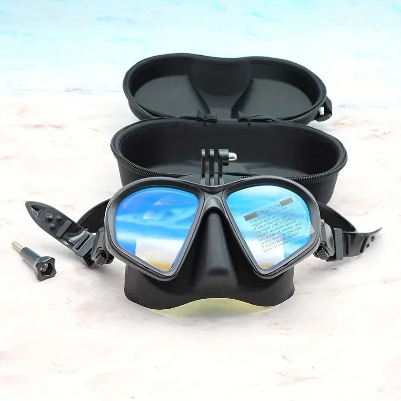Freediving Mask with Camera Mount - Two-Window Tempered Glass Waterproof Anti-Fog Snorkeling Mask
