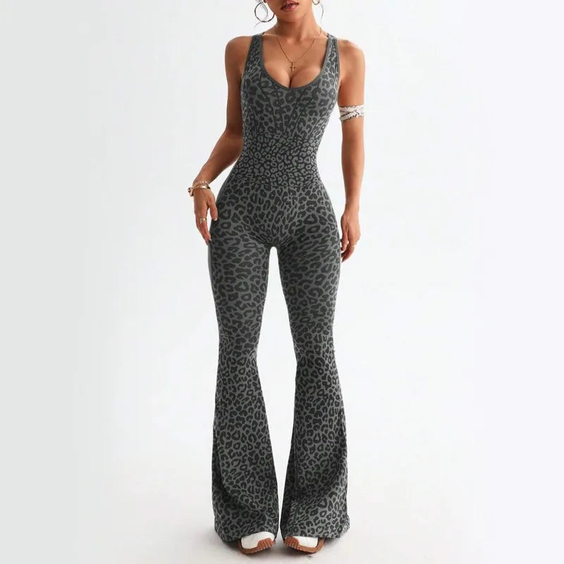 Women’s Seamless Leopard Yoga Jumpsuit – Padded Sleeveless One-Piece Gym Bodysuit Workout Sportswear Fitness Leggings Outfit