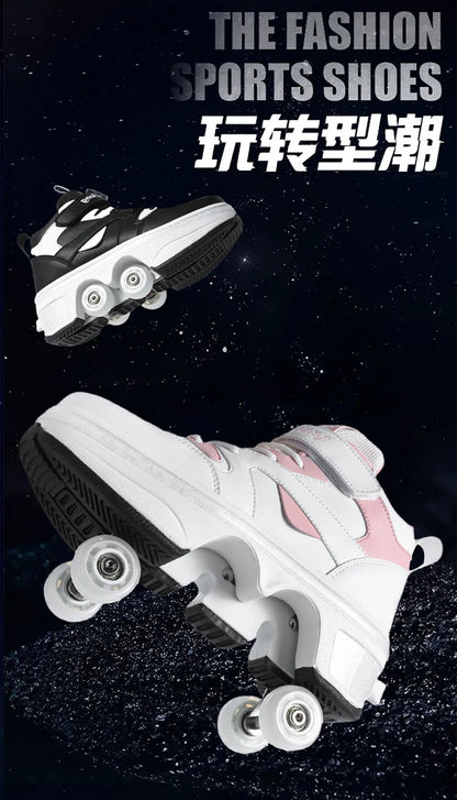 Women's High-Top 4-Wheel Roller Shoes – Fashionable Unisex Pop-Up Sneakers with Wheels, Dual-Purpose Skating & Casual Shoes