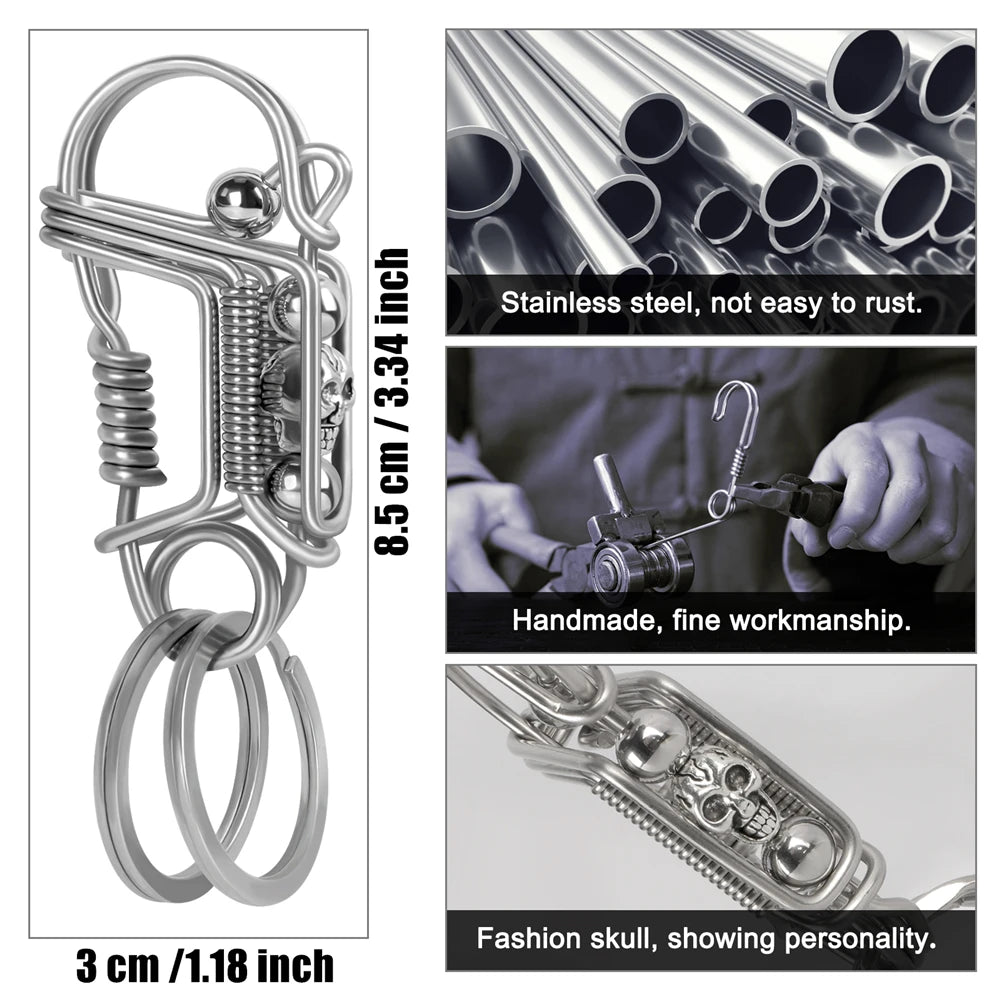 Stainless Steel Skull Keychain — Handmade Matte Round Bead Charm, Mechanical Car Key Ring for Men