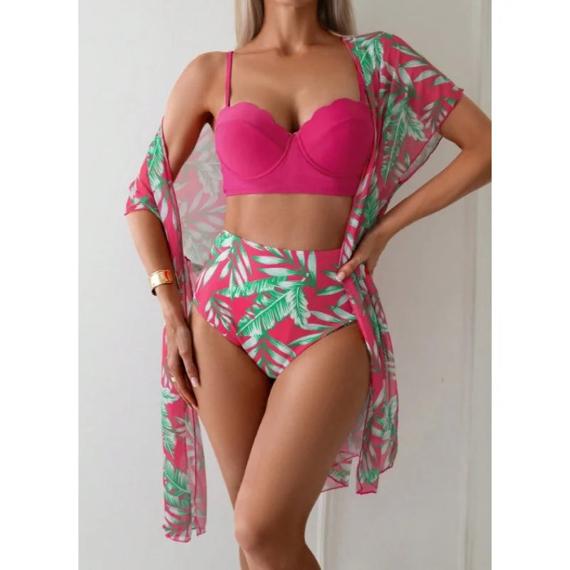 Elegant 3-Piece Vintage Bikini Set for Women – High Waist Swimsuit with Mesh Cover-Up 2025 Bathing Suit