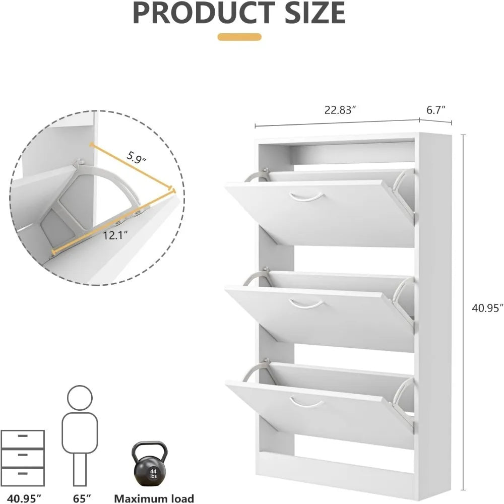 3-Drawer Wooden Shoe Cabinet — Narrow Freestanding Organizer for Entryway & Bedroom, White
