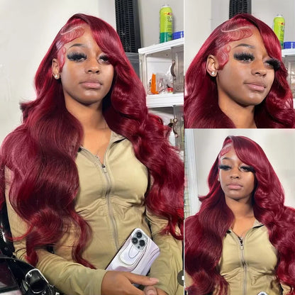 Burgundy 99J Body Wave Wig – 13x4/13x6 HD Lace Front, Pre-Plucked Human Hair Red Colored Wig