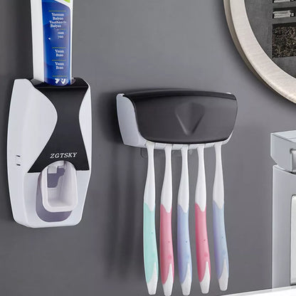 2-Piece Automatic Toothpaste Dispenser and Toothbrush Holder Set - Wall-Mounted, Dust-Proof Bathroom Accessory with Squeezer Function