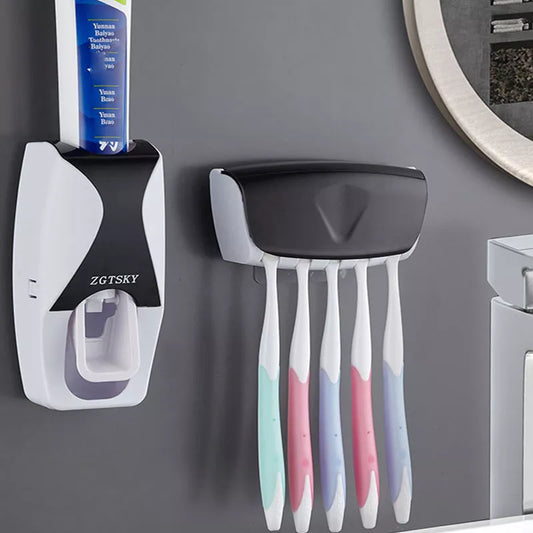 2-Piece Automatic Toothpaste Dispenser and Toothbrush Holder Set - Wall-Mounted, Dust-Proof Bathroom Accessory with Squeezer Function