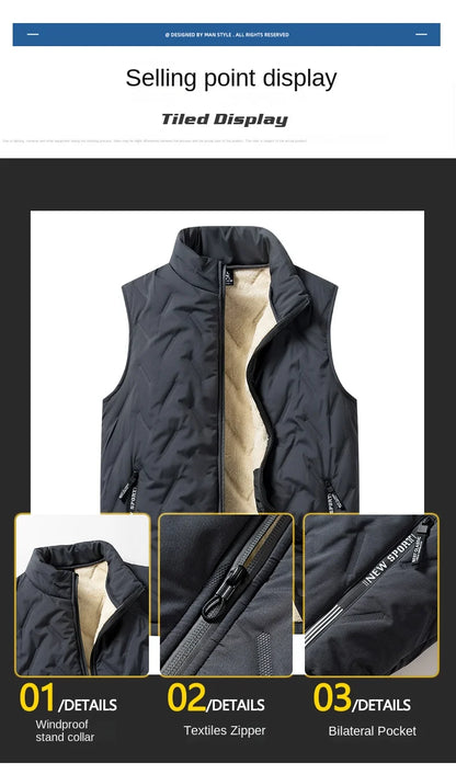 Men’s Autumn & Winter Cotton Vest Jacket – Casual Warm Sleeveless Top with Standing Collar, Plus Size Multifunctional Outerwear