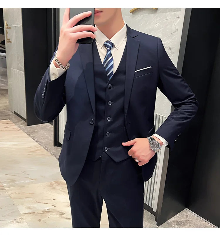 High-Quality Men’s 3-Piece Suit Set — Business Casual & Wedding Outfit (Jacket + Vest + Trousers), 2024 Fashion Banquet, Sizes S-6XL