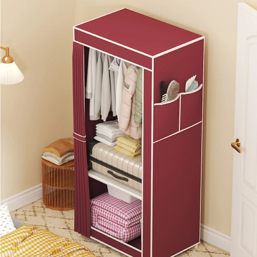 Minimalist Fabric Wardrobe - Foldable Plastic Storage Cabinet with Curtains and Clothing Hanger, Dust-Proof Design