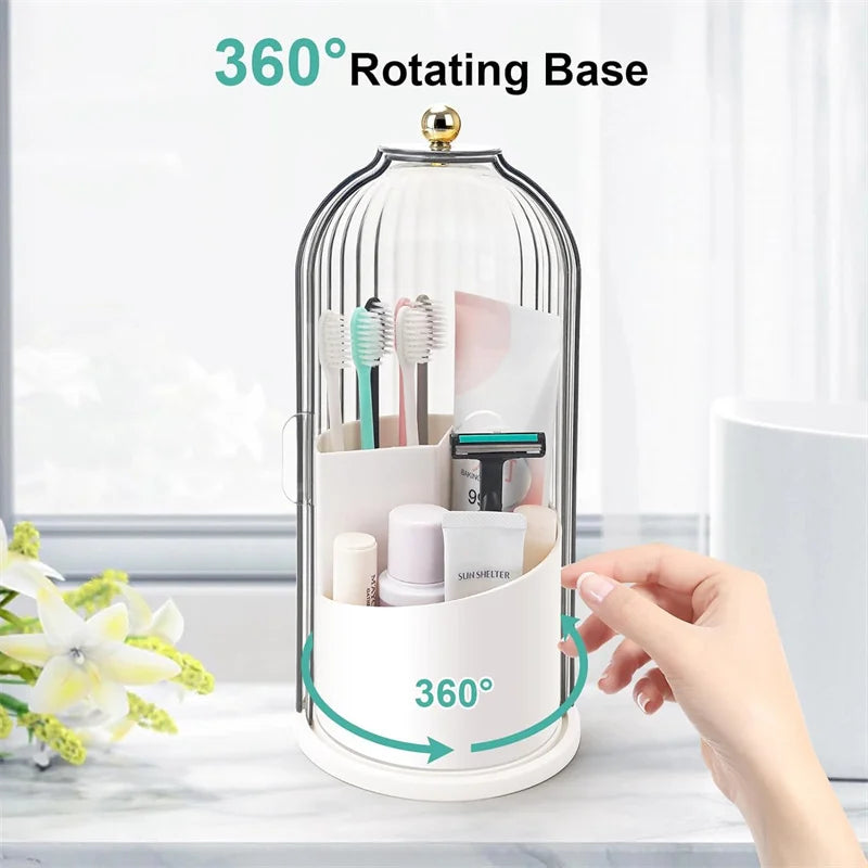 Rotating Toothbrush Holder with Sliding Lid – Dustproof 3-Slot Countertop Organizer for Electric Toothbrush & Toothpaste
