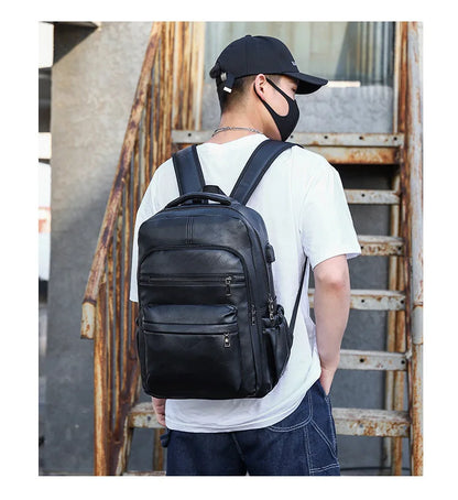 High-Quality USB Charging Backpack for Men – PU Leather Laptop Backpack for Teenagers & Boys, Large Schoolbag