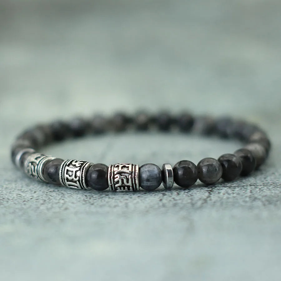 Noter Mantra Bracelet for Men – 6mm Howlite, Lava, and Tiger Eye Beads, Viking Accessories, Tibetan Bracelet