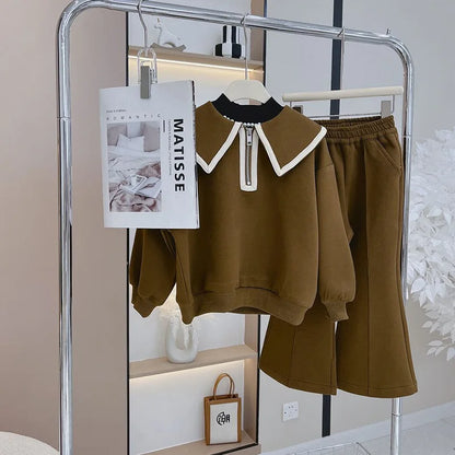 Children's Lapel Long Sleeve Top & Wide Leg Pants Set - 2-Piece Boutique Clothes for Girls, 3-7 Years