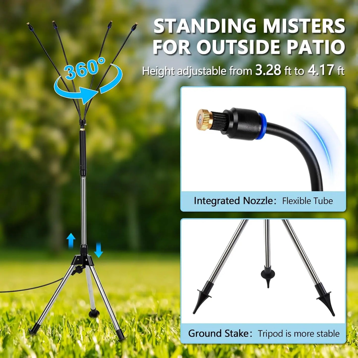 Outdoor Standing Misting System for Patio – Adjustable Height 3.2–4.1FT with Filter, 26.5FT Portable Water Mister Line for Cooling Garden & Yard